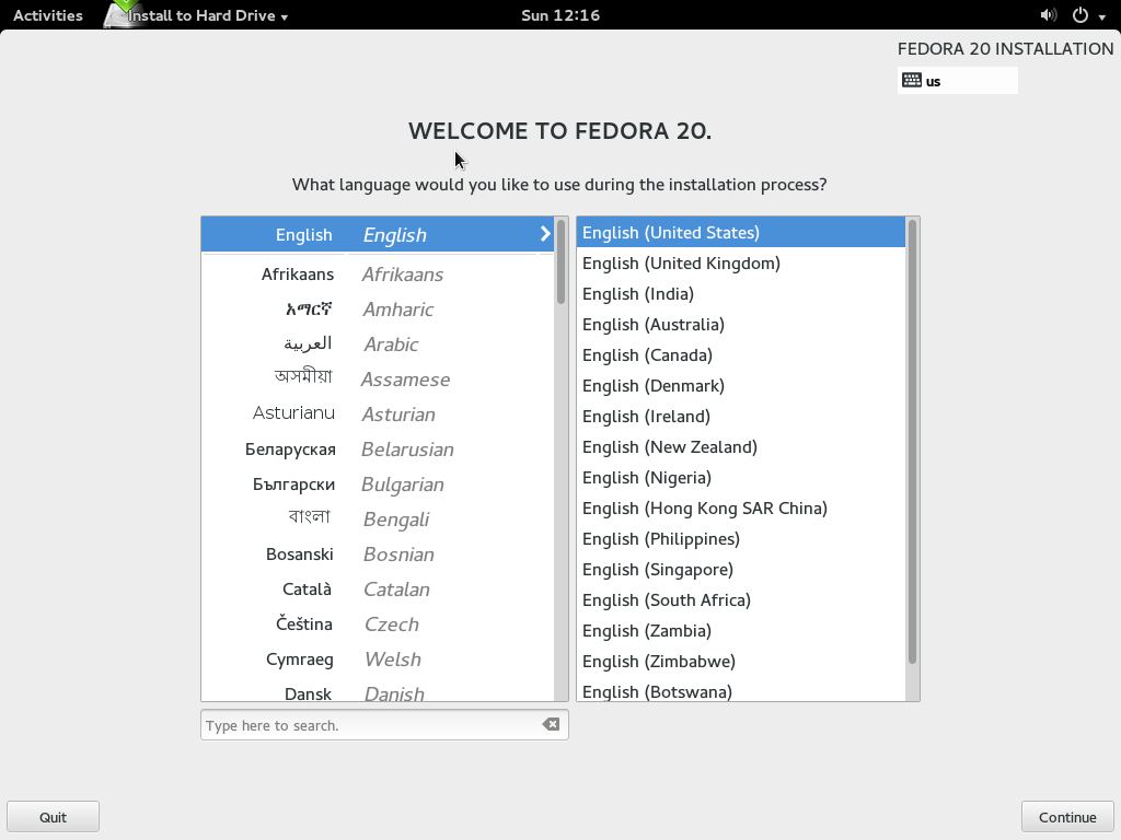 Fedora 20 install screen